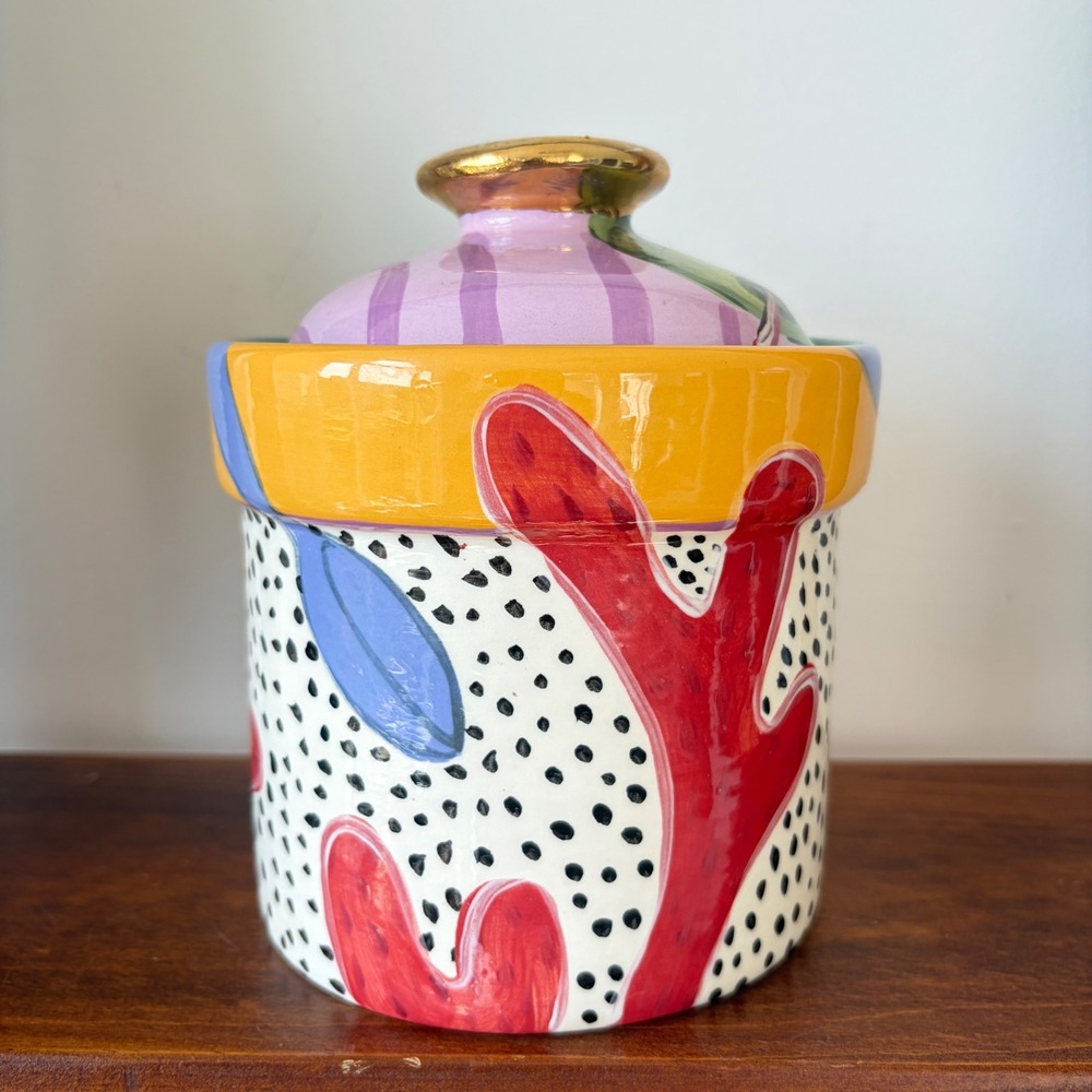 Droll Designs Hand Painted Ceramic Canister Whimsical Polka Dot Coral Gold Knob